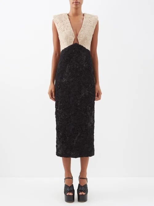 Plunge-neck Bi-colour Cordonnet-lace Dress - Womens - Black