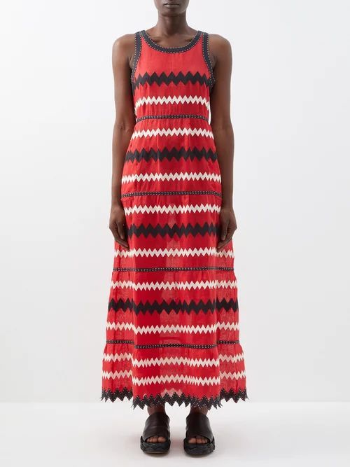 Ola Zigzag-appliqué Linen Dress - Womens - Red Multi