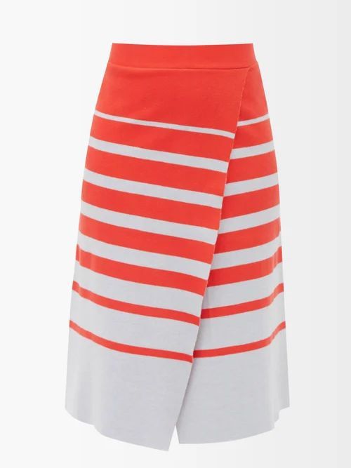 Wrap-effect Striped Cotton-blend Ponte Skirt - Womens - Red Multi