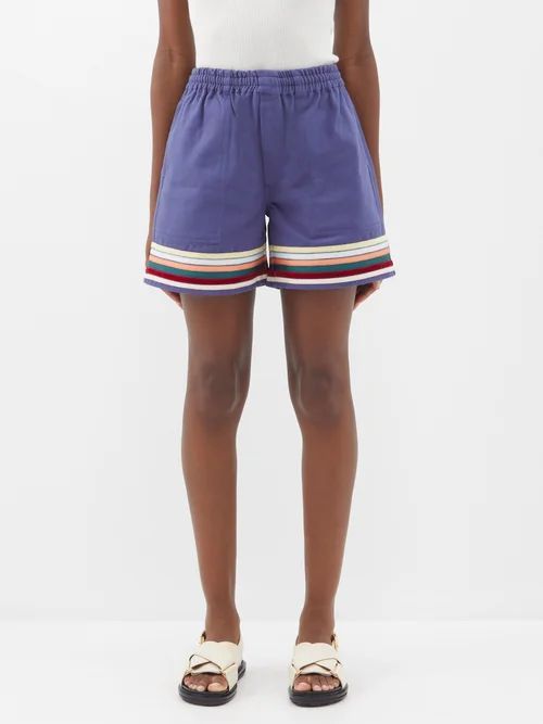 Ribbon-appliqué Cotton-twill Shorts - Womens - Blue Multi