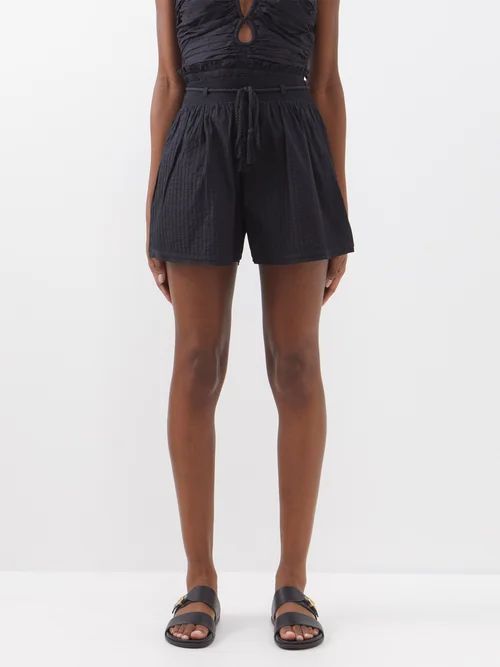 Rina Drawstring Pintucked Cotton Shorts - Womens - Black
