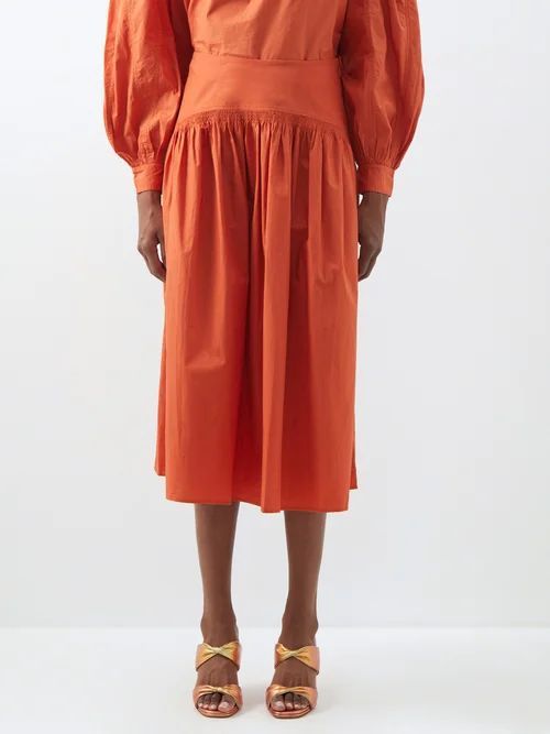 Ramsey Cotton-poplin Ruched-waist Midi Skirt - Womens - Orange