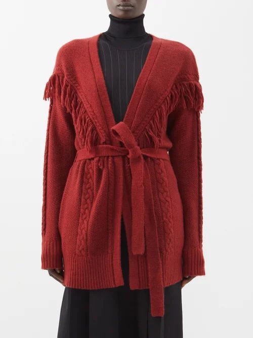 Trailblazer Fringed Cable-knit Cardigan - Womens - Burgundy
