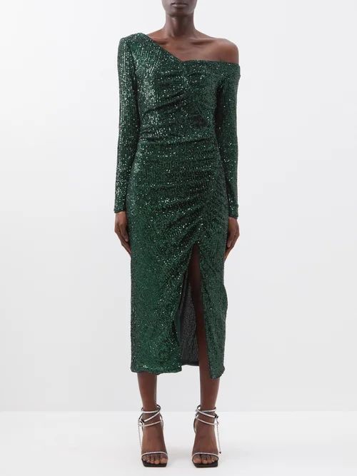 Off-the-shoulder Asymmetric Sequinned Dress - Womens - Dark Green
