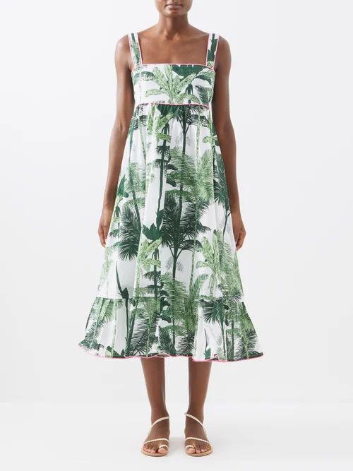 Palm-print Cotton Midi Dress - Womens - Green Print