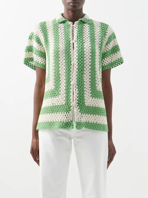 Short-sleeved Striped Crochet-cotton Shirt - Womens - Green Multi
