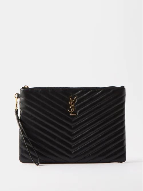 Ysl-plaque Quilted-leather Pouch - Womens - Black