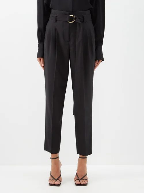 Pleated Paperbag-waist Wool Trousers - Womens - Black