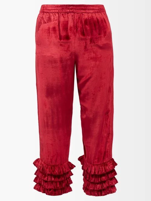 Talitha Ruffled Velvet Cropped Trousers - Womens - Red