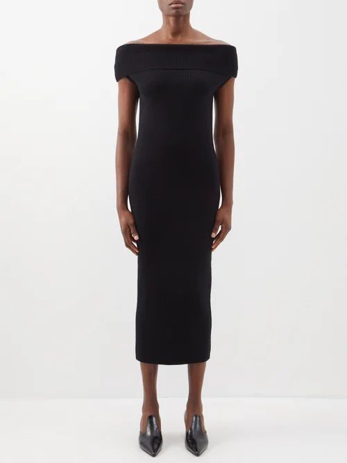 Off-the-shoulder Ribbed Wool-blend Midi Dress - Womens - Black