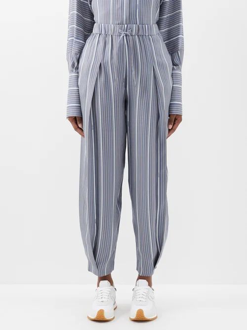 Pleated Striped Silk Trousers - Womens - Grey