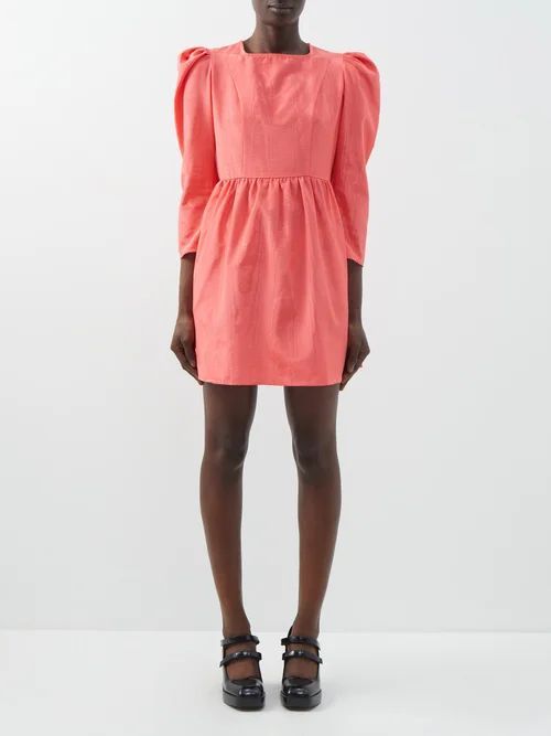 Puff-shoulder Moiré Mini Dress - Womens - Dark Pink