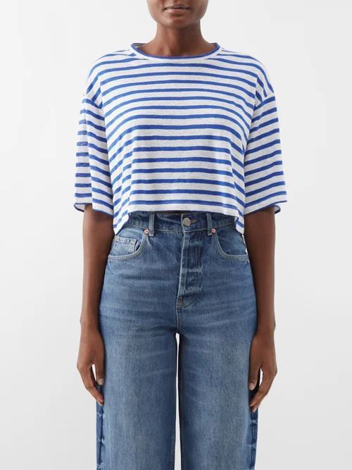 Striped Organic-linen Cropped T-shirt - Womens - Blue Stripe