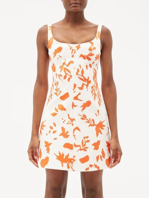 Talia Floral-print Faille Mini Dress - Womens - Orange