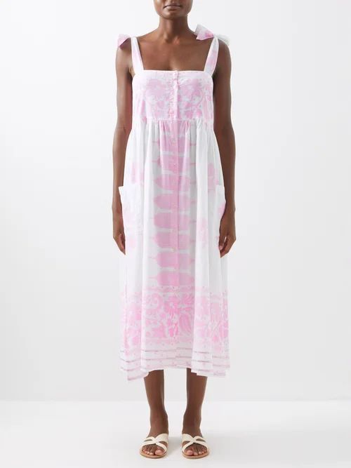 Tie-shoulder Floral-print Cotton Dress - Womens - White Pink