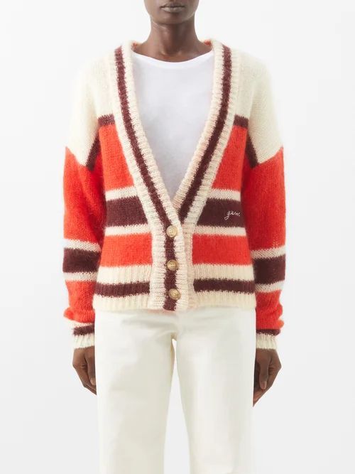 Striped Embroidered Mohair-blend Cardigan - Womens - Red Multi