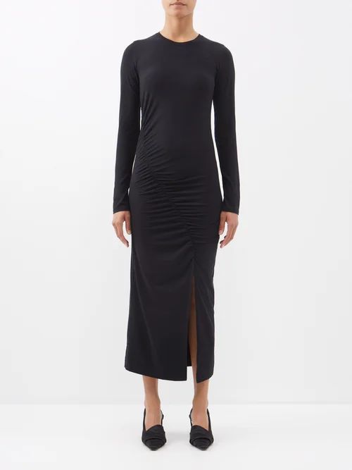 Ruched Long-sleeved Jersey Dress - Womens - Black