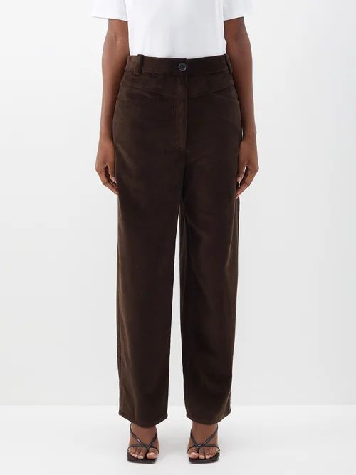 Preen Cotton-corduroy Straight-leg Trousers - Womens - Dark Brown