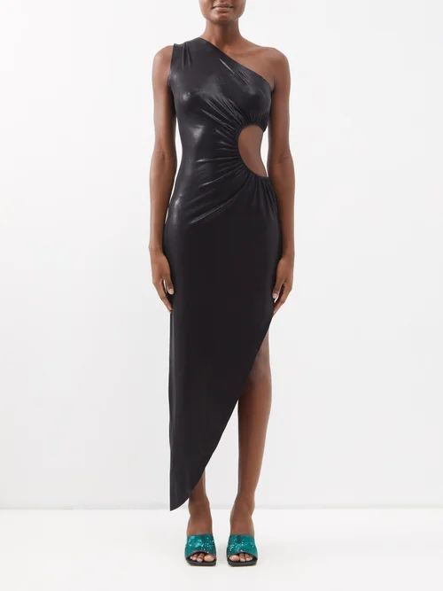 One-shoulder Cutout Lamé Gown - Womens - Black