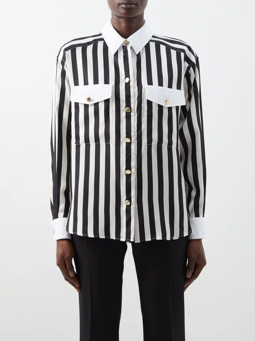 Patch-pocket Striped Silk-twill Shirt - Womens - Black White