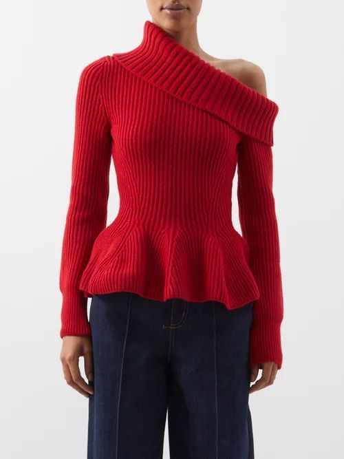 Off-the-shoulder Wool-blend Peplum Sweater - Womens - Red
