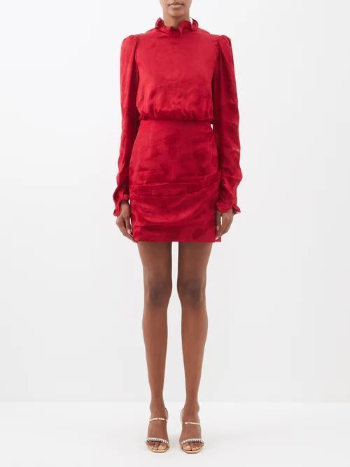 Rina B Ruffled Satin-jacquard Mini Dress - Womens - Red