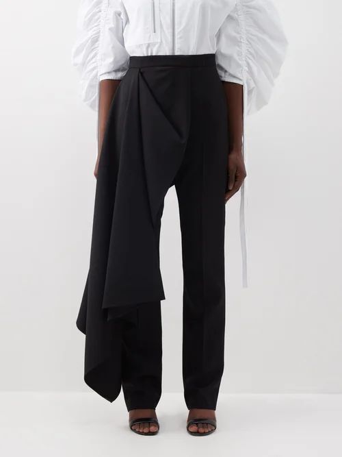 Draped-panel Wool-twill Trousers - Womens - Black