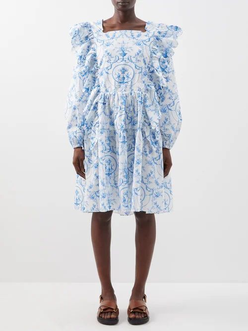 Amal Cotton-poplin Dress - Womens - White Blue