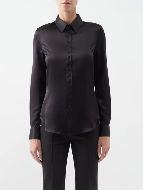 Point-collar Silk-satin Shirt - Womens - Black