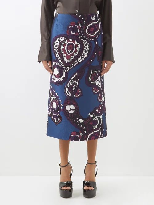 Paisley-embroidered Jacquard Pencil Skirt - Womens - Blue Multi