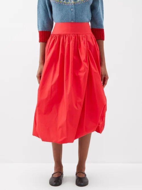 Alf Gathered Cotton Midi Skirt - Womens - Red
