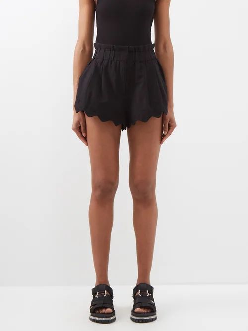 Leona Scallop-edge Cotton-blend Shorts - Womens - Black