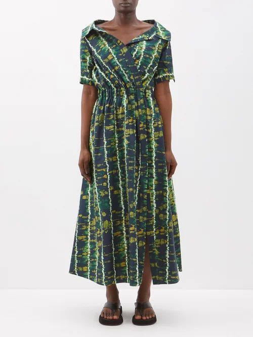 Lydia Shibori-dyed Cotton Midi Dress - Womens - Green Multi