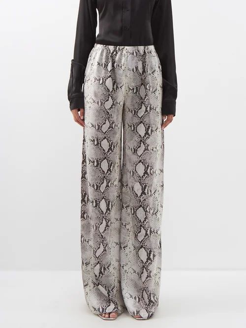 Mandrake Snakeskin-print Satin Wide-leg Trousers - Womens - Grey Multi