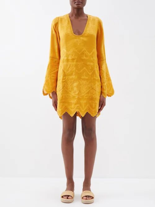 Pippa Embroidered Linen Mini Dress - Womens - Yellow