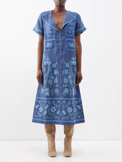 Sasha Embroidered Linen Midi Dress - Womens - Blue Multi