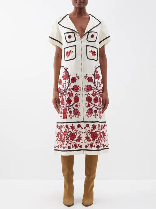 Sasha Embroidered Linen Midi Dress - Womens - Cream Multi