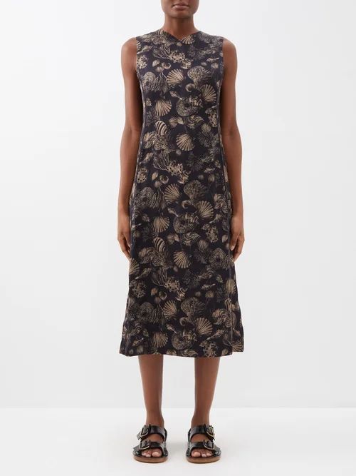Seashell-print Midi Dress - Womens - Black Multi