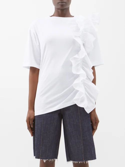 X Lutz Huelle Ruffled-trim Cotton T-shirt - Womens - White
