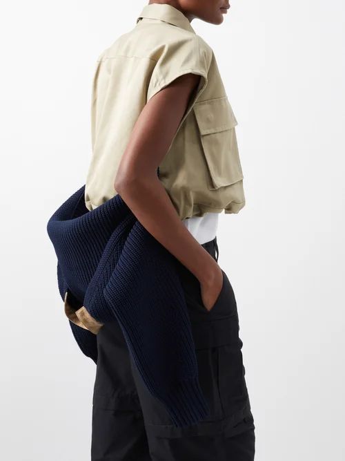 Detachable Knit Sleeve Cotton Jacket - Womens - Beige Navy