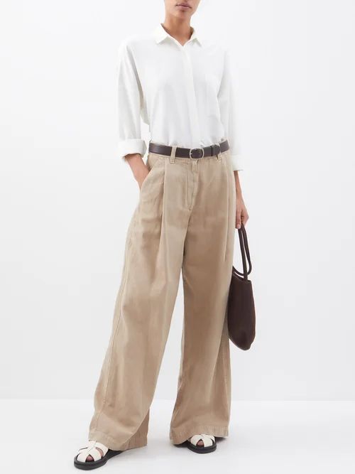 Garment-dyed Cotton-blend Wide-leg Trousers - Womens - Beige