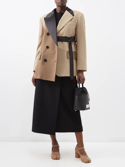 Colour-block Belted Wool-blend Coat - Womens - Beige