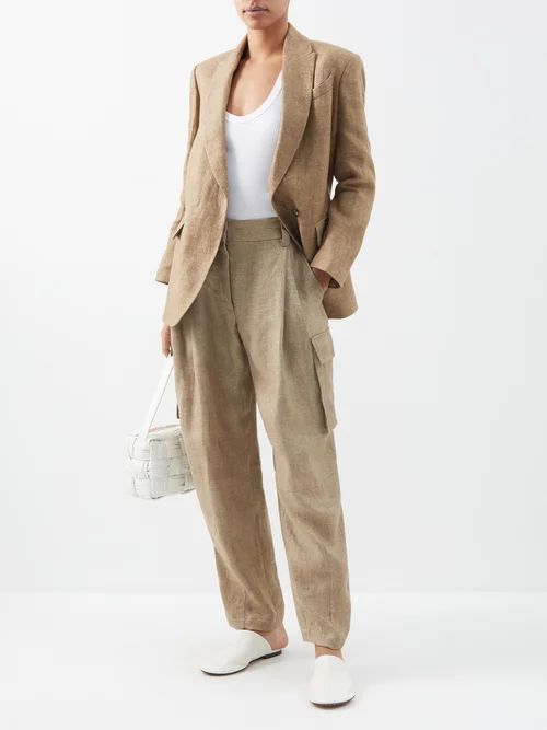 Pleated Metallic Linen-blend Twill Cargo Trousers - Womens - Camel