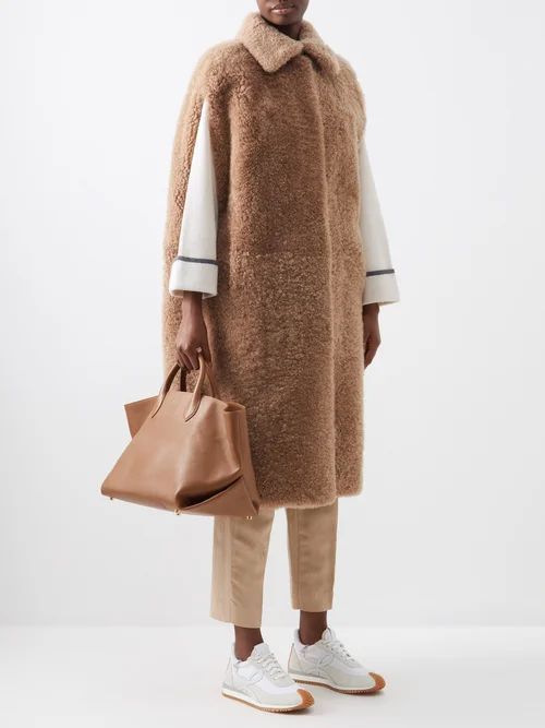 Cape-sleeve Curly Cashmere Shearling Coat - Womens - Brown