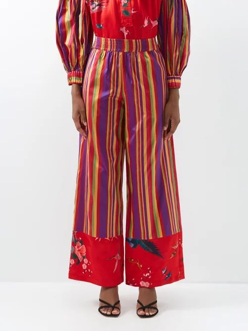 Striped Vintage-silk Wide-leg Trousers - Womens - Multi