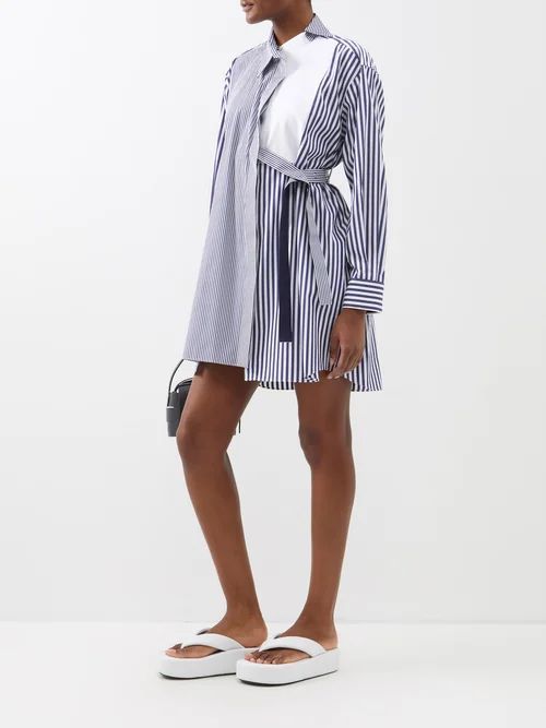 Striped Side-tie Cotton-poplin Shirt Dress - Womens - Blue Stripe