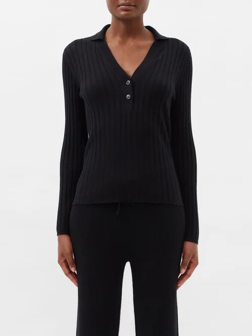 Faya Ribbed Cashmere Polo Top - Womens - Black