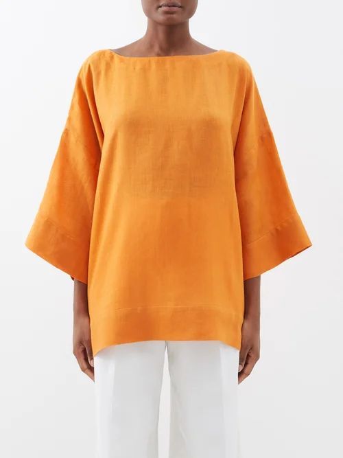 Boat-neck Linen Top - Womens - Orange