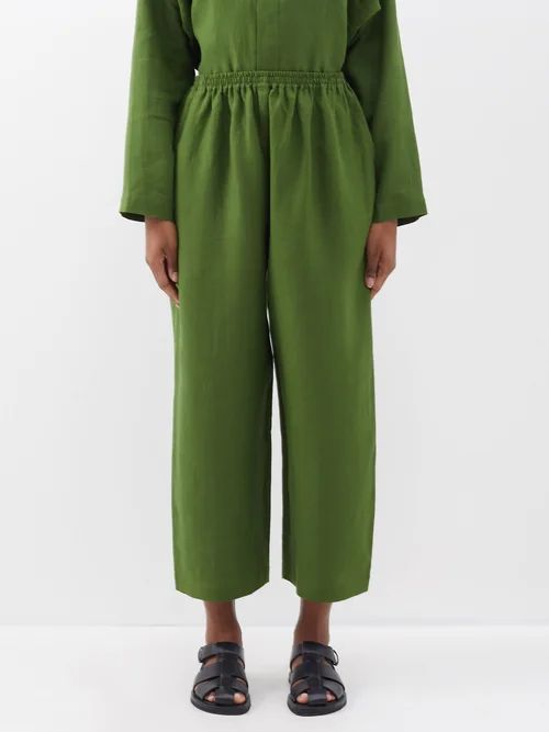 Elasticated-waist Linen Trousers - Womens - Dark Green
