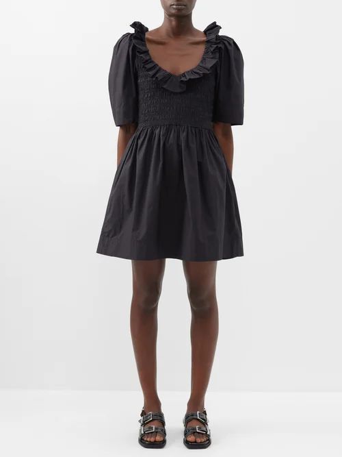 Ruffled Smocked Poplin Dress - Womens - Black
